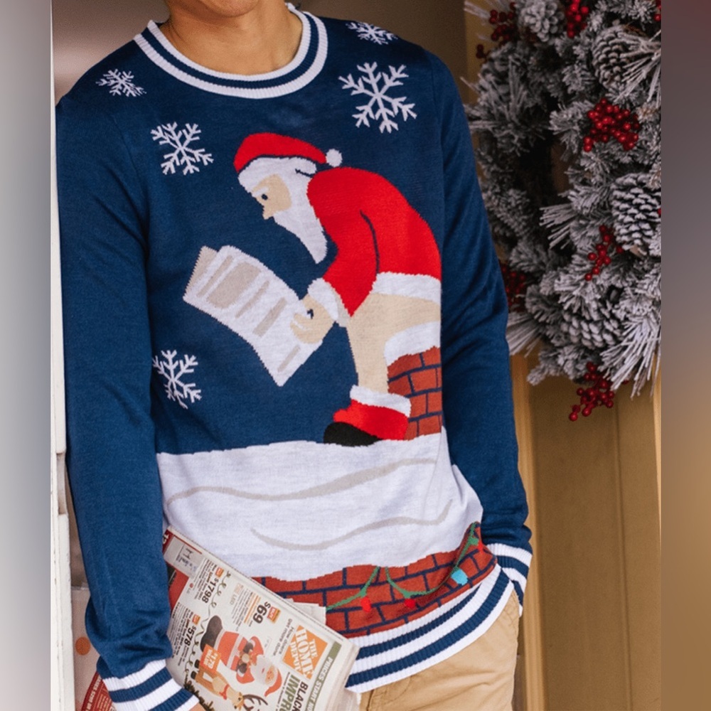 Tipsy Elves Santa's Log On The Fire Ugly Christmas Sweater Size XXL Blue - NWOT - Picture 3 of 11